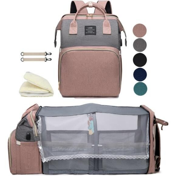 Large Diaper Bag Backpack with Changing Station Travel Baby Bag Pink for Girls - Picture 1 of 7